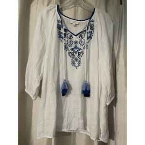 Charter Club Luxury Linen Embroidered Boho Top White Blue Embroidery Size Large